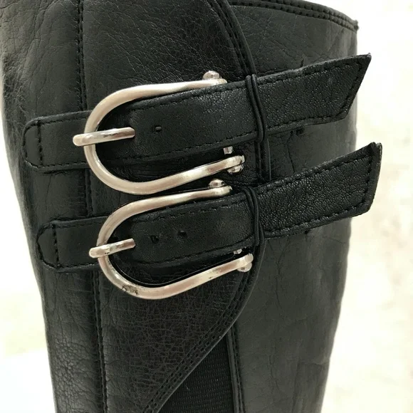 PAUL GREEN {5} Black Leather Boots Knee-High Buckles Stacked Heel - Picture 3 of 7